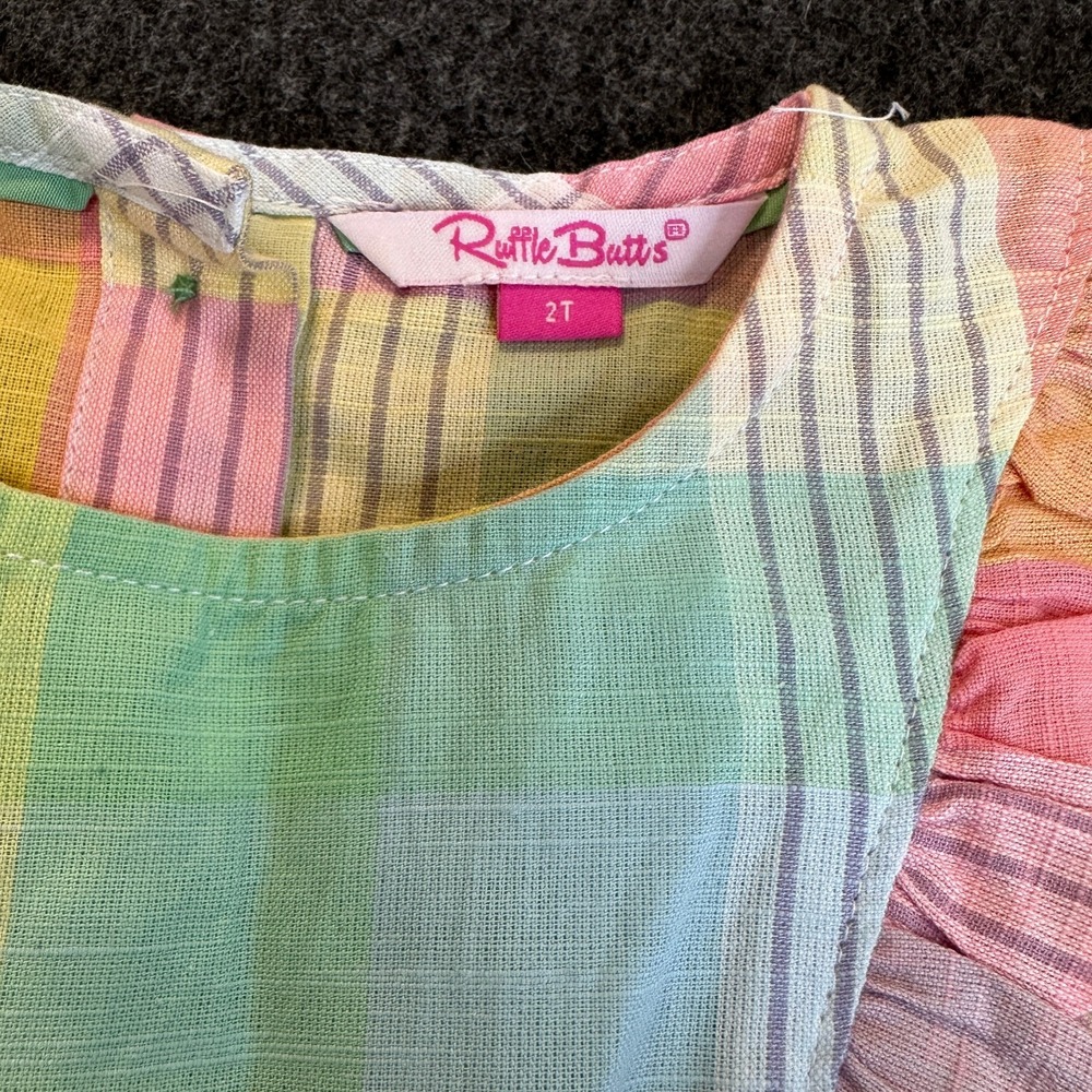 NEW RuffleButts Girls Romper Rainbow Gingham Plaid Size 2T Snap Ruffle Butts - Picture 5 of 14
